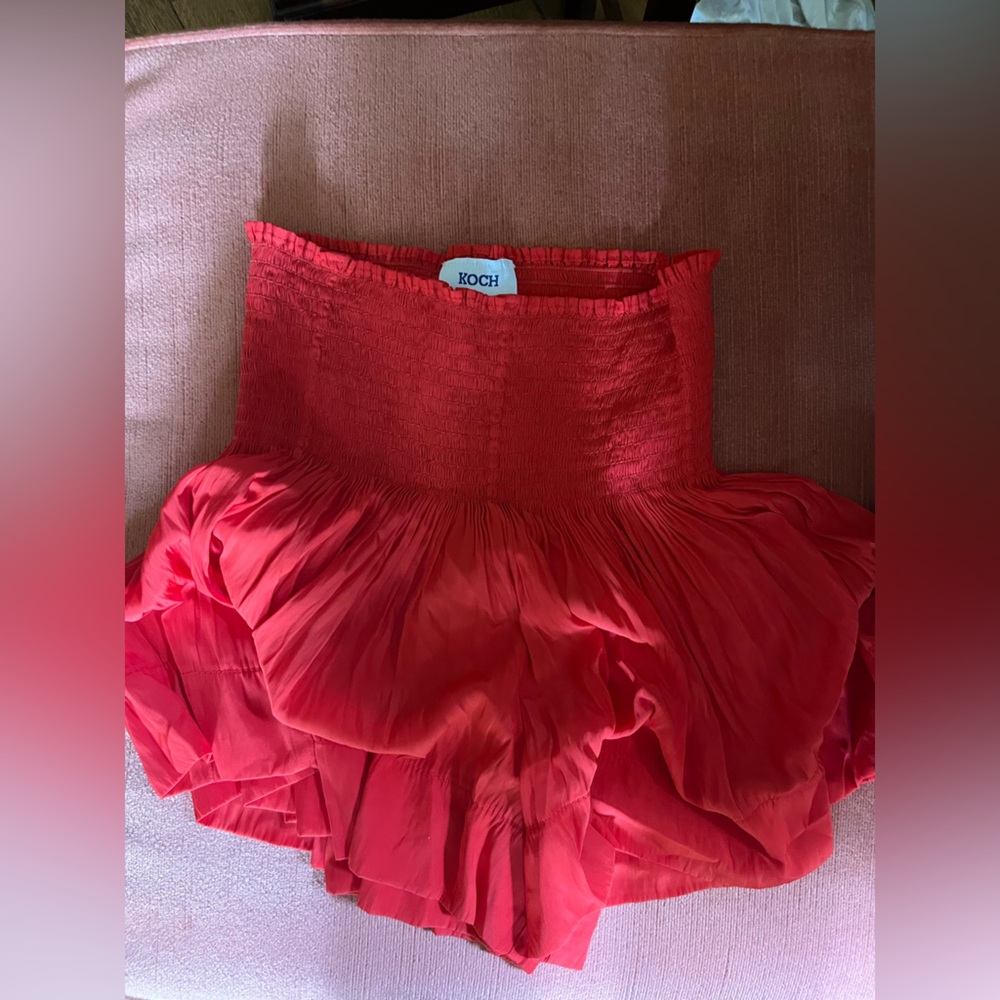 Red Smocked Ruffled Mini Bubble Skirt